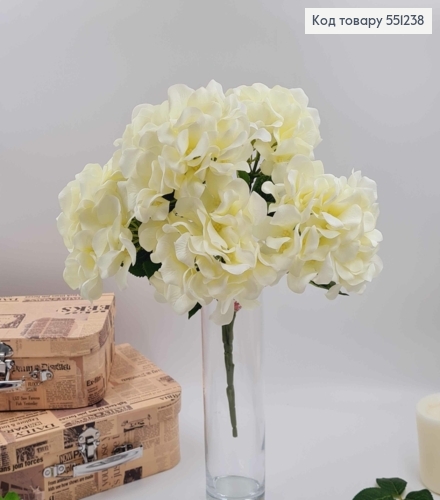 Искусственные цветы. Ветвь БЕЛЫХ гортензий (5 пучков), высотой 46 см, диаметр одного цветочка 7см. 551238 фото 1