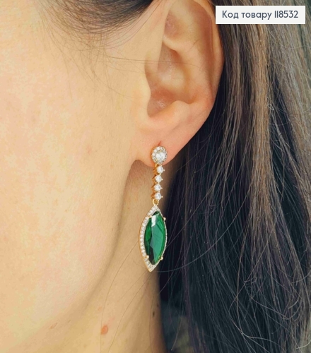Серьги гвозди, с подвесным Зеленым камешком Капелькой, 3,8см XUPING 18K 118532 фото 1