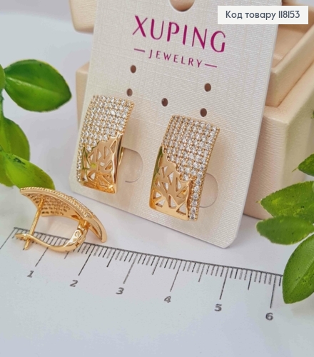 Серьги прямоугольные "Ажурные" украшены Блестящими камешками, 1,8*1,2см, англ застежка, XUPING 18K 118153 фото 1