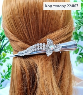 Заколка стрела металл с цветком в блестящих камнях, серебряного цвета, 13см. 224167 фото