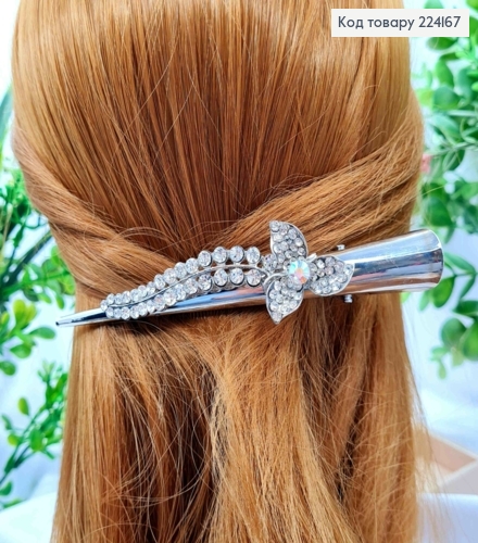 Заколка стрела металл с цветком в блестящих камнях, серебряного цвета, 13см. 224167 фото 1