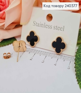 Серьги гвоздики с черной эмалькой, "Van Cleef", 1,3см, сталь Stainless Steel 240377 фото