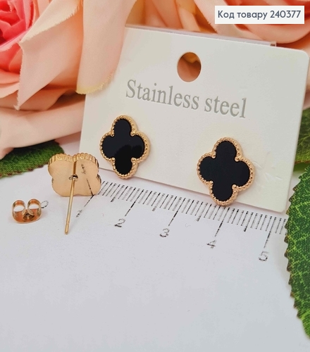 Серьги гвоздики с черной эмалькой, "Van Cleef", 1,3см, сталь Stainless Steel 240377 фото 1