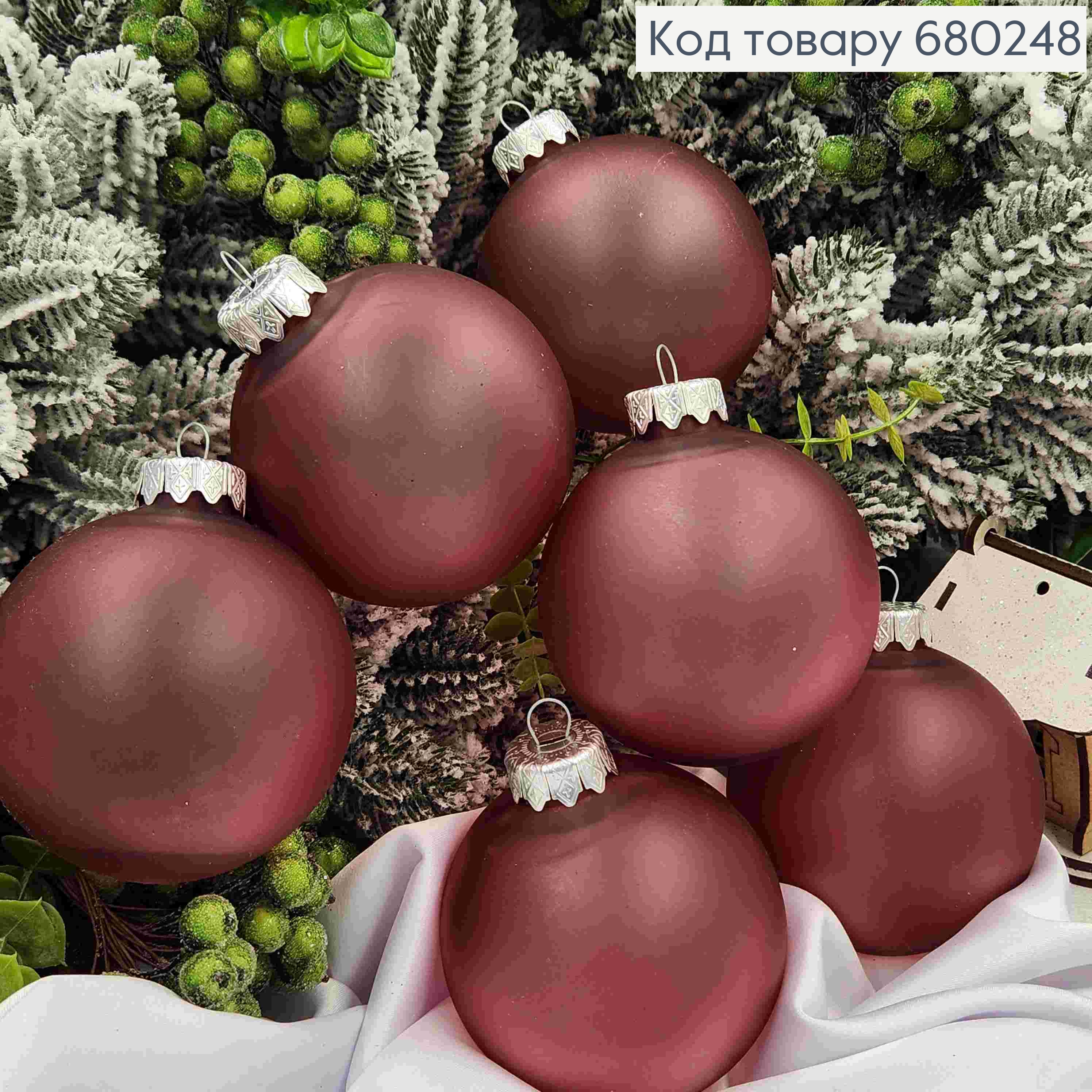 Набір іграшок 80мм "МАТОВА напівпрозора",БАКЛАЖАН, 6шт/уп, новорічні прикраси, пластикові, Україна 680248 фото 1
