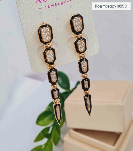 Серьги "Хвост Скорпиона" с Блестящими камешками и Черной эмалью, 6,2см, англ. застежка, XUPING 18K 118190 фото 1