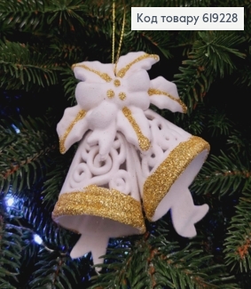 Новорічна фігура ДЗВОНИКИ, бархат, колір БІЛИЙ+ЗОЛОТО, 8*9см, Україна 619228 фото