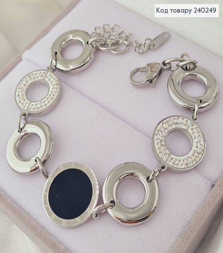 Браслет 19+6 см Римские часы с чёрной эмалью и камушками, цвет серебряный, Stainless Steel 250002 фото 1