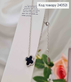 Цепочка двойная, серебряного цвета, с подвеской Van Cleef с черной эмалью, 40+5см, сталь Stainless Steel 240521 фото