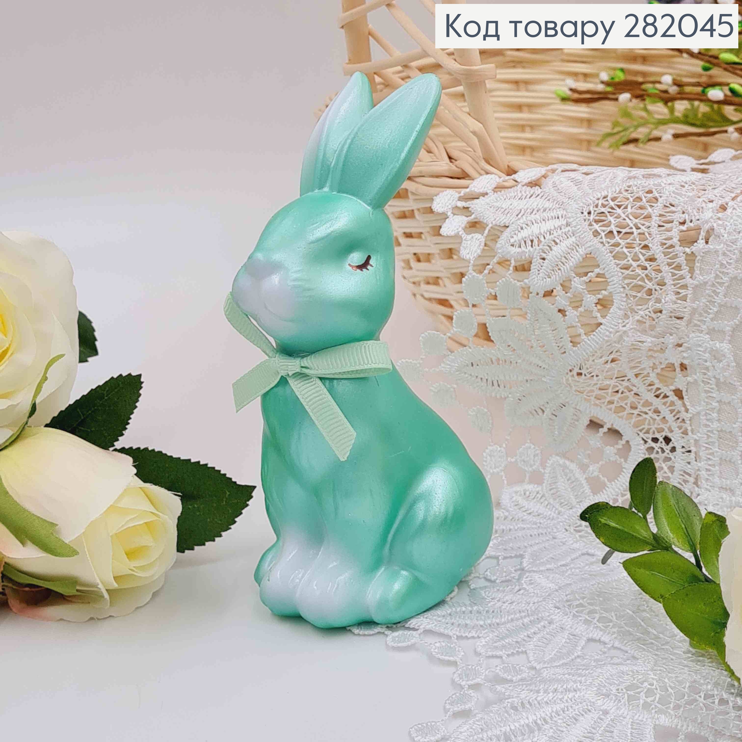 Пасхальная фигура ЗАЯЦ, ЗЕЛЕНОГО цвета, с бантиком, 12*6,5см 282045 фото 1