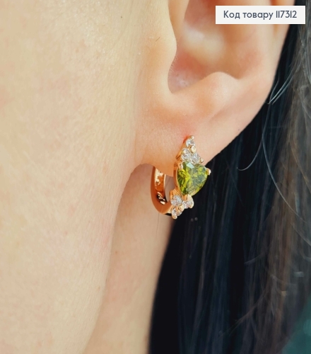 Серьги колечки 1,6см, с камешком в виде Сердца салатового цвета, Xuping 18К. 117312 фото 2