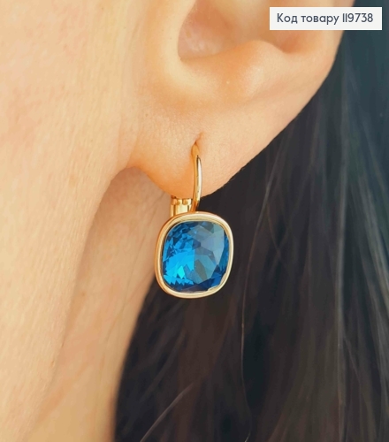 Серьги с квадратным Синим камнем Сваровски, дл. 1,5см, застежка левербек, Xuping 18К 119738 фото 1