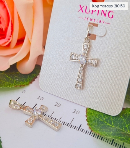 Крестик родованный, в камнях и одним большим камешком по центру, 2*1,5см, Xuping 210150 фото 1
