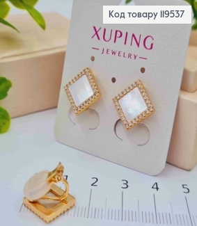 Серьги-клипсы "Ромбы" с перламутровой эмалью и камнями, 1,6 см, Xuping 18K 119537 фото