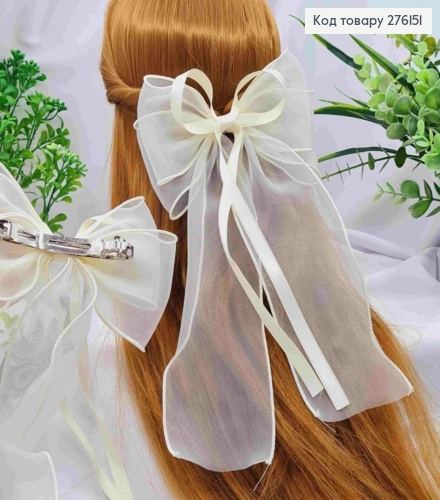 Бант КРЕМОВЫЙ, на заколке 10см, ткань органза+атлас, размер 16*28см, ручная работа 276151 фото 1