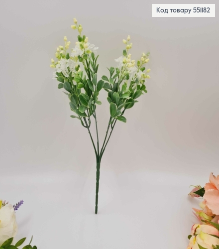 Искусственная декоративная зелень, 5 веточек, Самшит с ягодками, Белая, на металлическом стержне, 30см 551182 фото 1