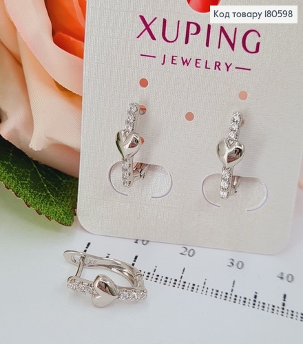 Серьги родированые с сердечком с камнями  1,5см Xuping 180598 фото 1