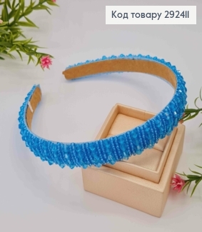 Обруч пластик, БЛАКИТНОГО кольору,  плетений Стеклярусом та Бісером, ширина 1,5см 292411 фото
