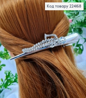 Заколка стрела металл с цветком в блестящих камнях, серебряного цвета, 11,5см. 224168 фото