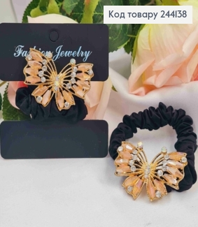 Резинка жатка 6см, з Метеликом з камінцями кольору Шампань 244138 фото