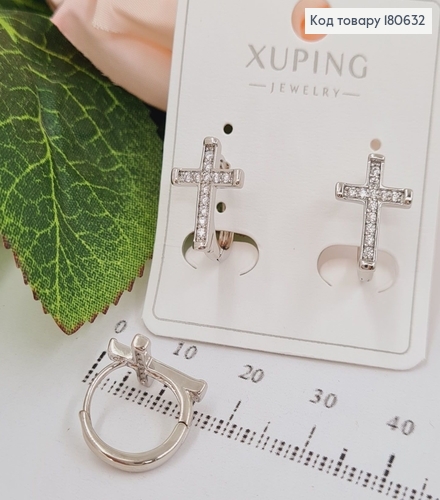 Серьги родированые кольца, с хрестом в камнях 1,5см, Хuping 180632 фото 2