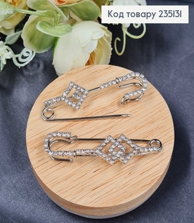 Брошка Шпилька "Два ромба" в камушках 5.5*2 см, cеребряный цвет. 235131 фото