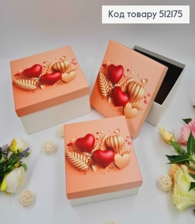 Набор коробок, квадратные, Персиковые, с шариками, 3шт(15х15х6см, 17х17х8см, 19х19х9см) 512175 фото