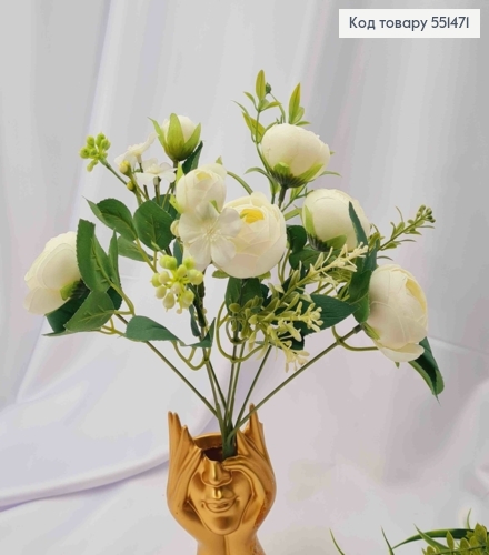 Искусственная композиция Пионовидные Розы, БЕЛОГО цвета, 7 веточек на металлическом стержне, высота 34см. 551471 фото 1