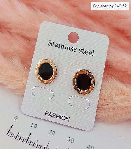 Сережки гвіздки 1,2см Римський годинник золотий колір з чорним камнем  Stainless Steel 240152 фото 1