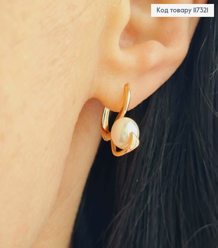 Серьги с жемчужиной под листочком, дл. 1,6см, англ застежка, Xuping 18К 117321 фото 2