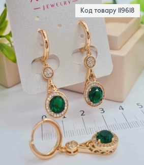 Серьги кольца (1,3см) с подвижной подвеской с зеленым камнем, 2,3см, Xuping 18К. 119618 фото