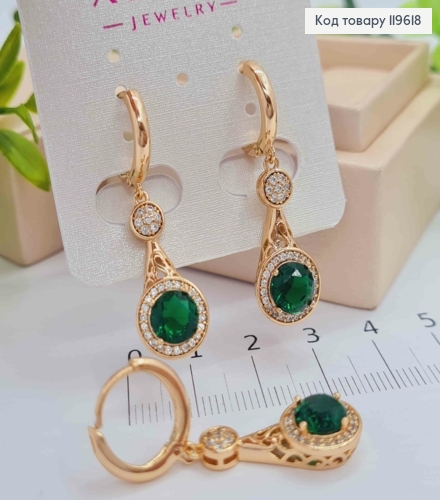Серьги кольца (1,3см) с подвижной подвеской с зеленым камнем, 2,3см, Xuping 18К. 119618 фото 1
