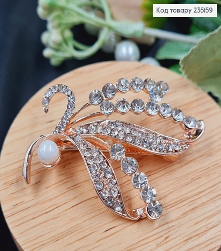 Брошка металл Веточка с камушками и жемчужиной 5,5х4см 235159 фото 3