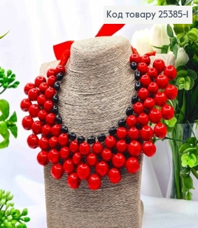 Намисто дерев'яне, ЧЕРВОНО-ЧОРНОГО кольору на стрічках зав'язках, 40+29см, ручна робота 25385-1 фото