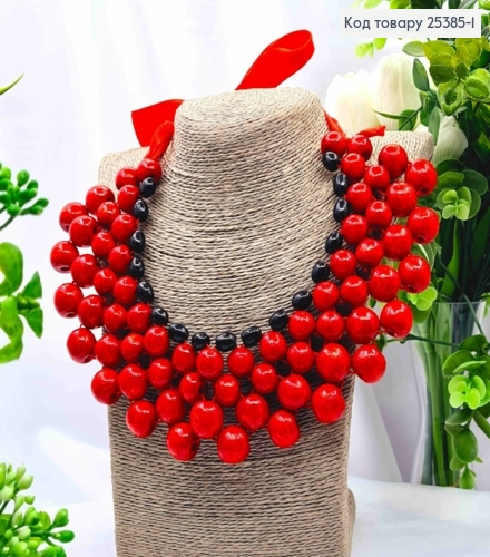 Ожерелье деревянное, КРАСНО-ЧЕРНОГО цвета на лентах завязках, 40+29см, ручная работа 25385-1 фото 1