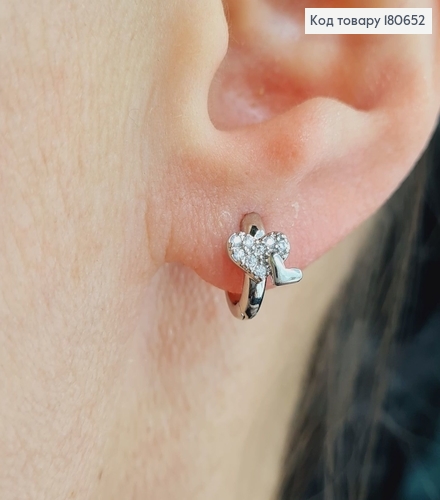 Сережки родированые, кольца с двома сердцами 1см, Хuping 180652 фото 2