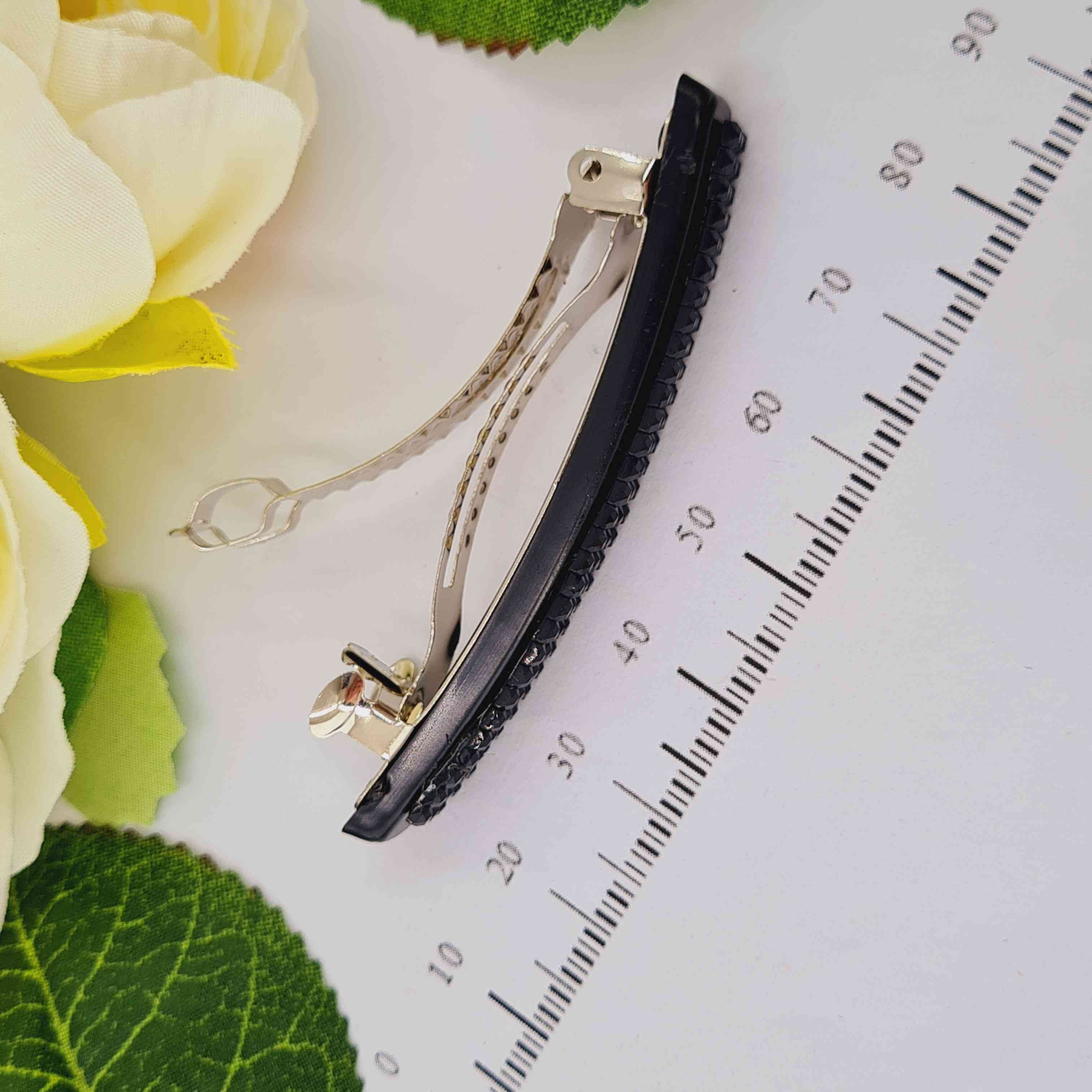 Заколка автомат, черная с тремя строчками камней, 6,5см. 221062 фото 3