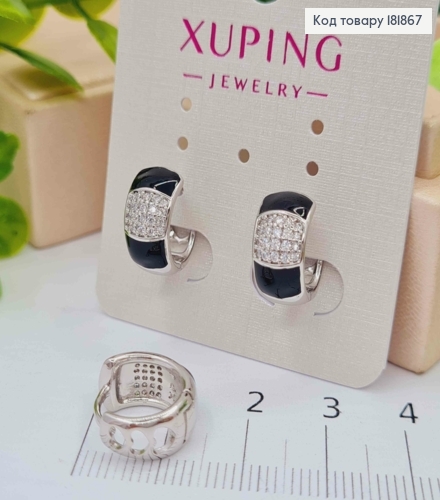Серьги кольца с блестящими камешками и черной эмалью, шир. 181867 фото 1