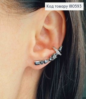 Серьги родированые на все ухо с черными камнями Xuping 180593 фото