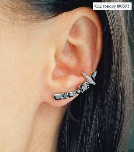 Серьги родированые на все ухо с черными камнями Xuping 180593 фото 1