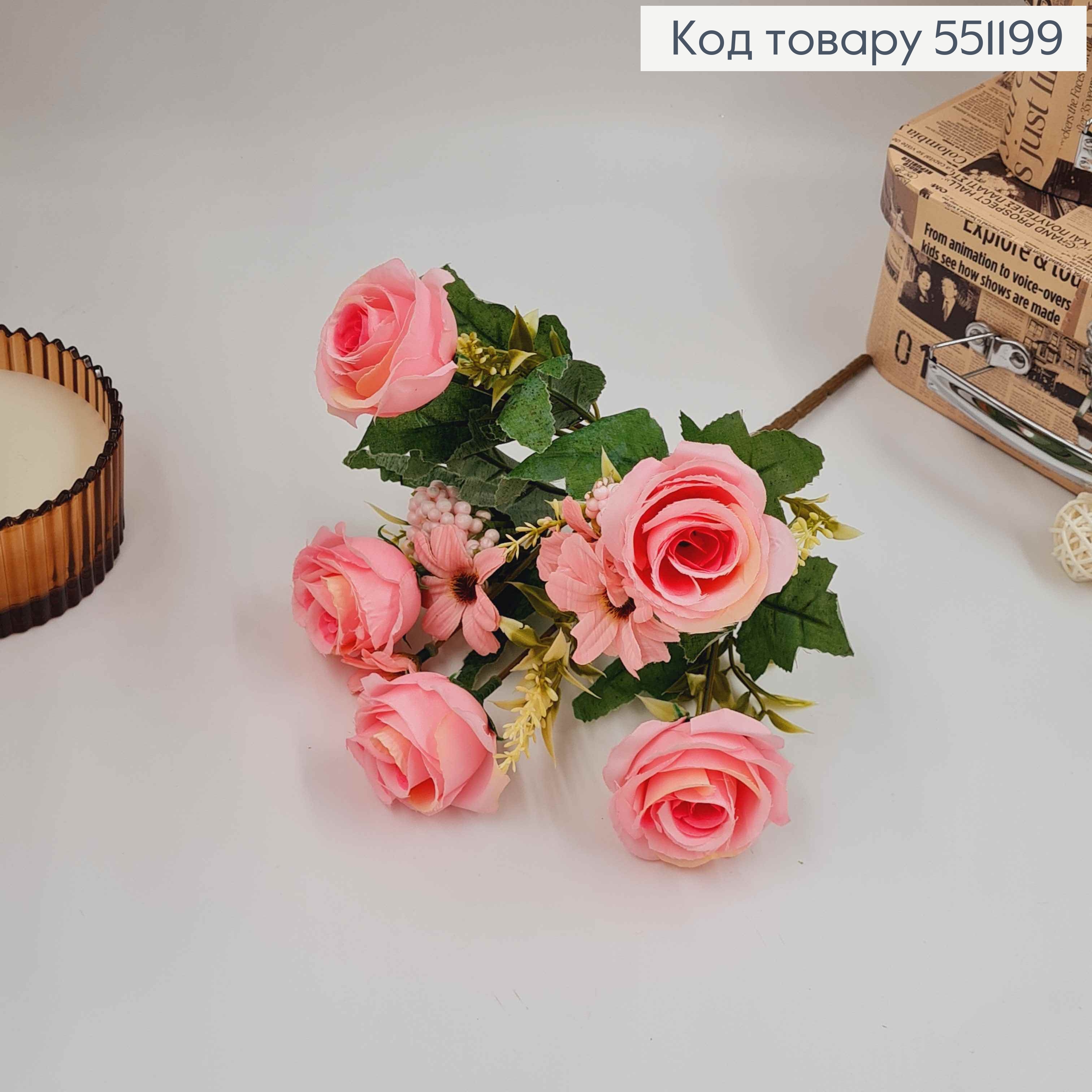Композиция "Букет Розовые розы 5шт + другие цветы", высота 32см 551199 фото 2