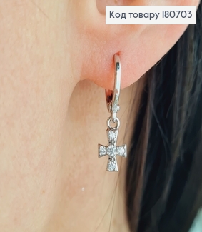 Сережки родированые кольца с подвесками Хрестами в камнях, 2*0,5см, Xuping 180703 фото