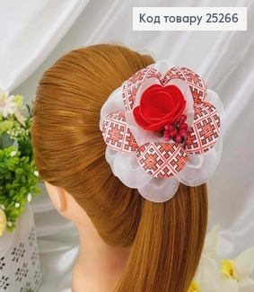 Резинка Бант органза, с репсом вышиванка, с цветком и приложением, 10см, Руч. работа, Украина. 25266 фото