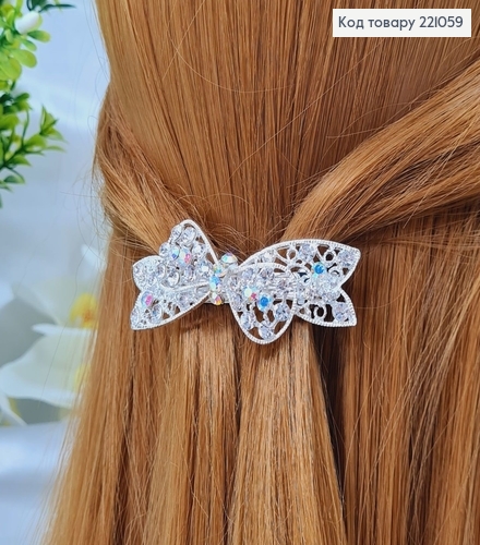 Заколка автомат металл 7*2см БАНТИК в камнях серебряного цвета  221059 фото 1
