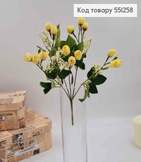 Композиция ЖЕЛТЕНЬКА "Букет мелких пионов Камелия с декором", высотой 30см, 15 бутонов по 2см 551258 фото
