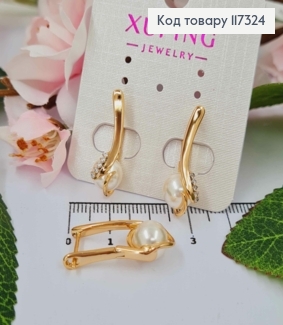 Серьги с жемчужиной окутанной завитками с камешками, дл. 2,5см, англ застежка, Xuping 18К 117324 фото