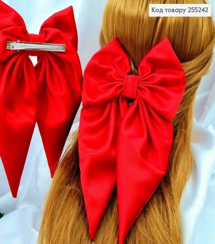 Заколка (7,5см) БАНТ КРАСНОГО цвета, ткань плотный атлас, размер 14,5*25см, Украина. 255242 фото 1