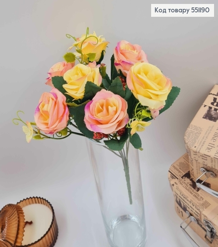 Композиция "Букет НЕЖНО РОЗОВЫЕ И ЖЕЛТЕННЫЕ розы 7головок", высота 32см 551190 фото 1