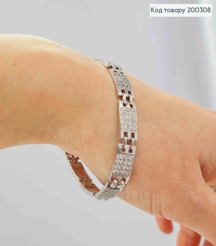 Браслет родований плетіння ПРЯМОКУТНИМИ пластинами з Блискучими камінцями, довж. 17+2см, Xuping 200308 фото 1