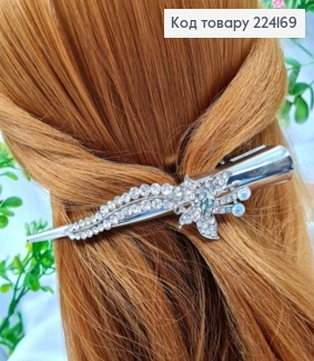 Заколка стрела металл с цветком в блестящих камнях, серебряного цвета, 13см. 224169 фото