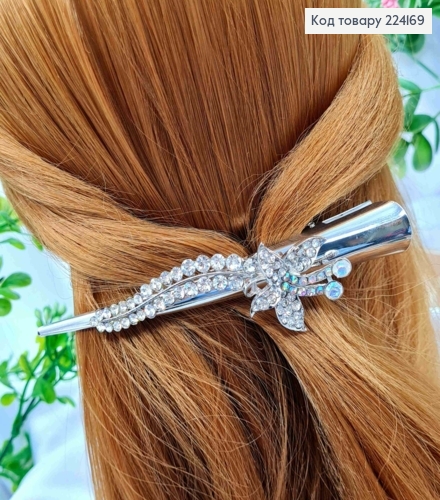 Заколка стріла метал з Квіткою в Блискучих камінцях, Срібного кольору, 13см 224169 фото 1